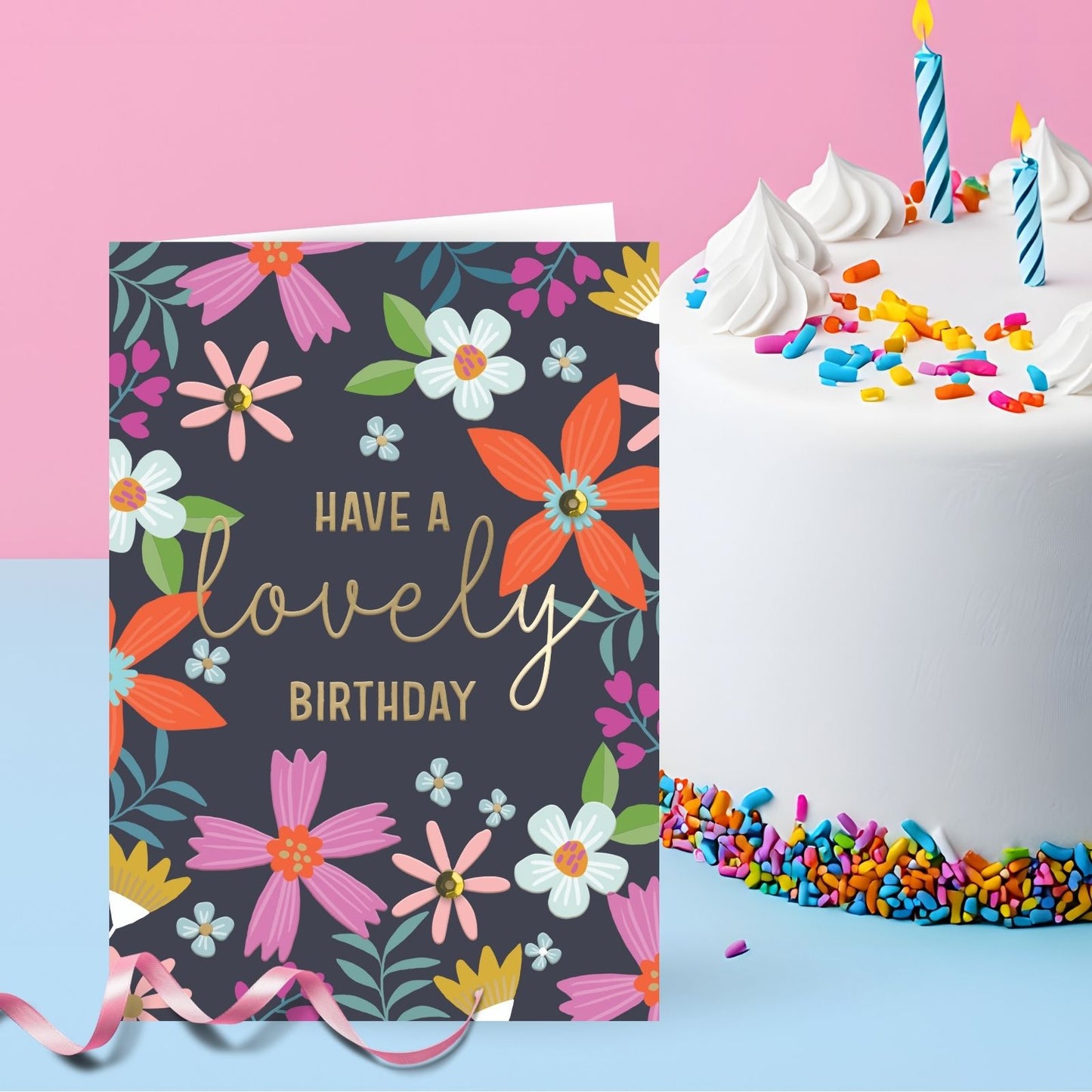 Hand-Finished Birthday Card Have A Lovely Birthday Embellished Florals For Her