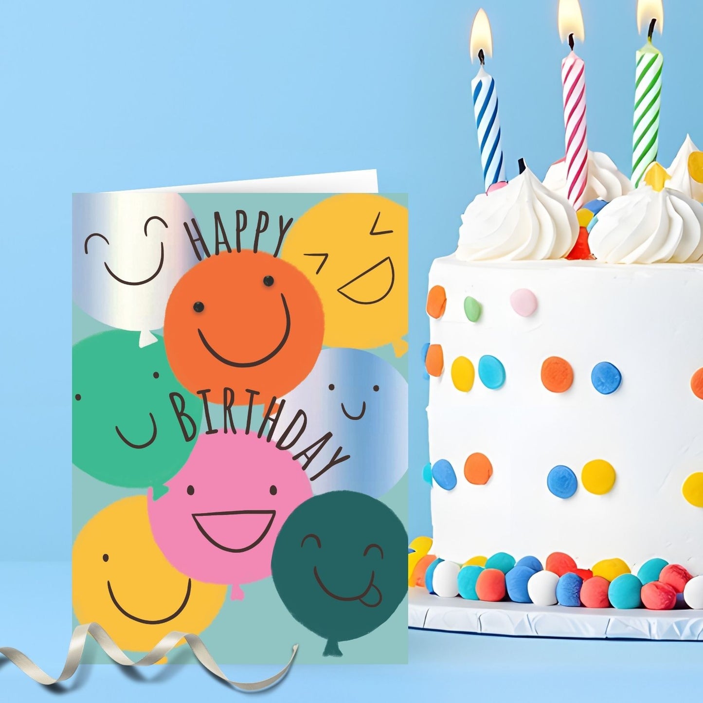 Hand-Finished Happy Birthday Greeting Card Celebration Emoji Balloons Foiled