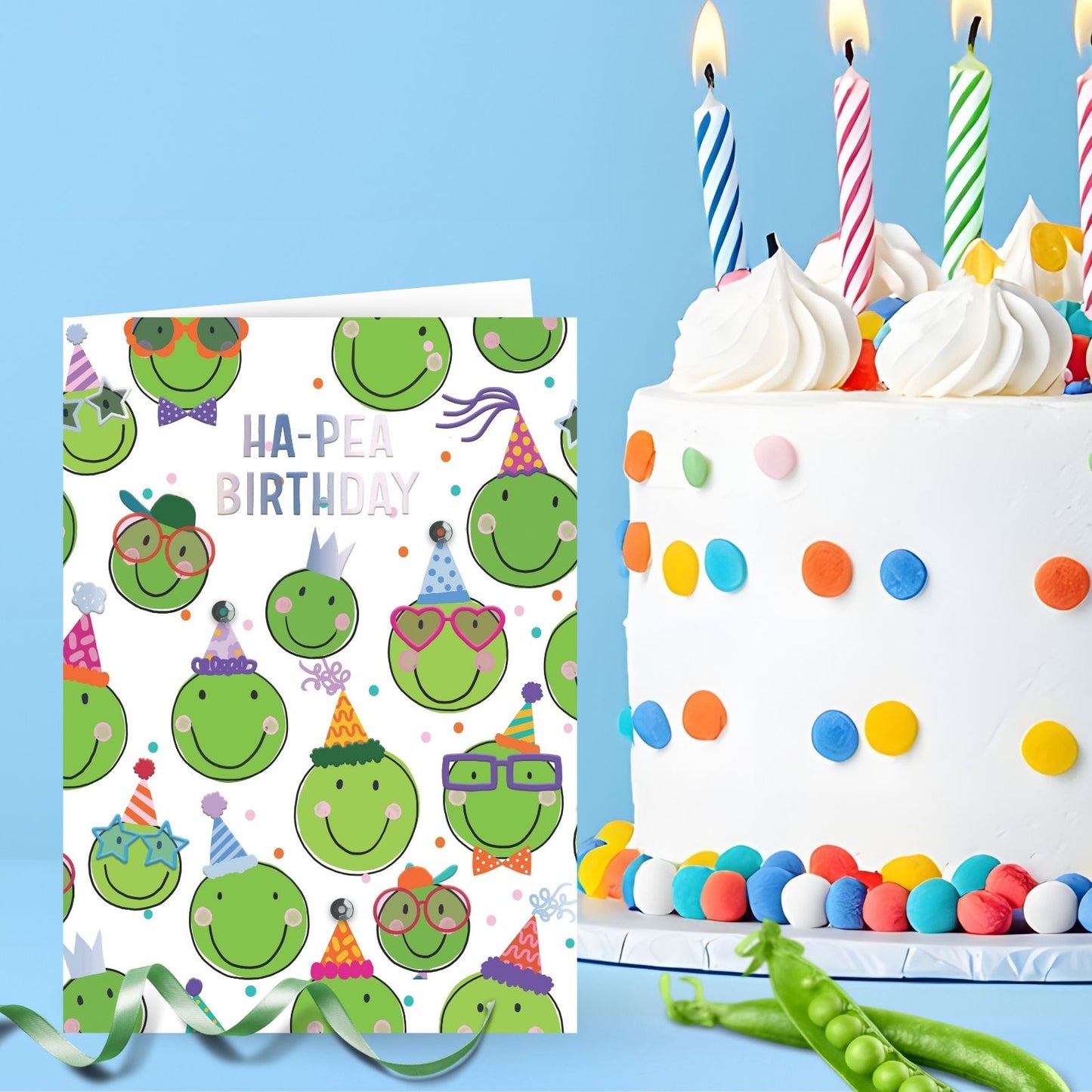 Hand-Finished Ha-Pea Birthday Greeting Card Happy Peas In Party Hats Celebration