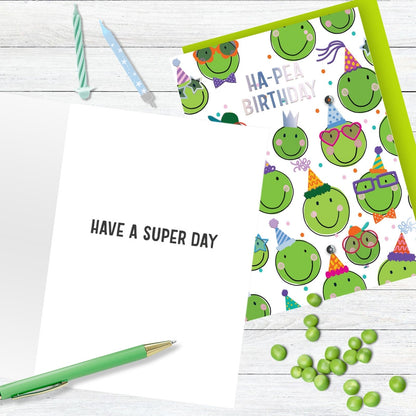 Hand-Finished Ha-Pea Birthday Greeting Card Happy Peas In Party Hats Celebration