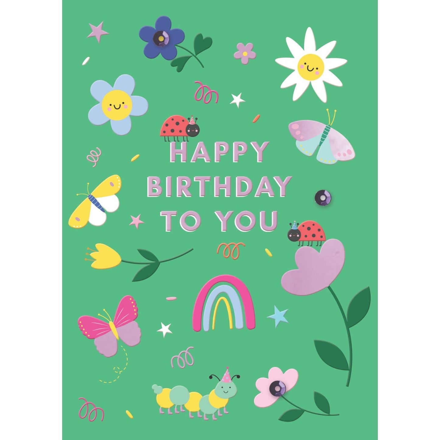 Hand-Finished Happy Birthday To You Greeting Card Flowers Butterflies Ladybird