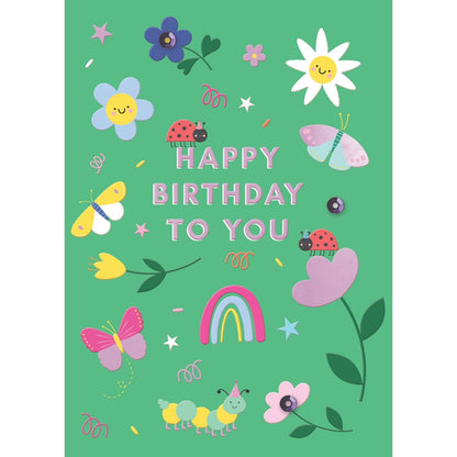Hand-Finished Happy Birthday To You Greeting Card Flowers Butterflies Ladybird