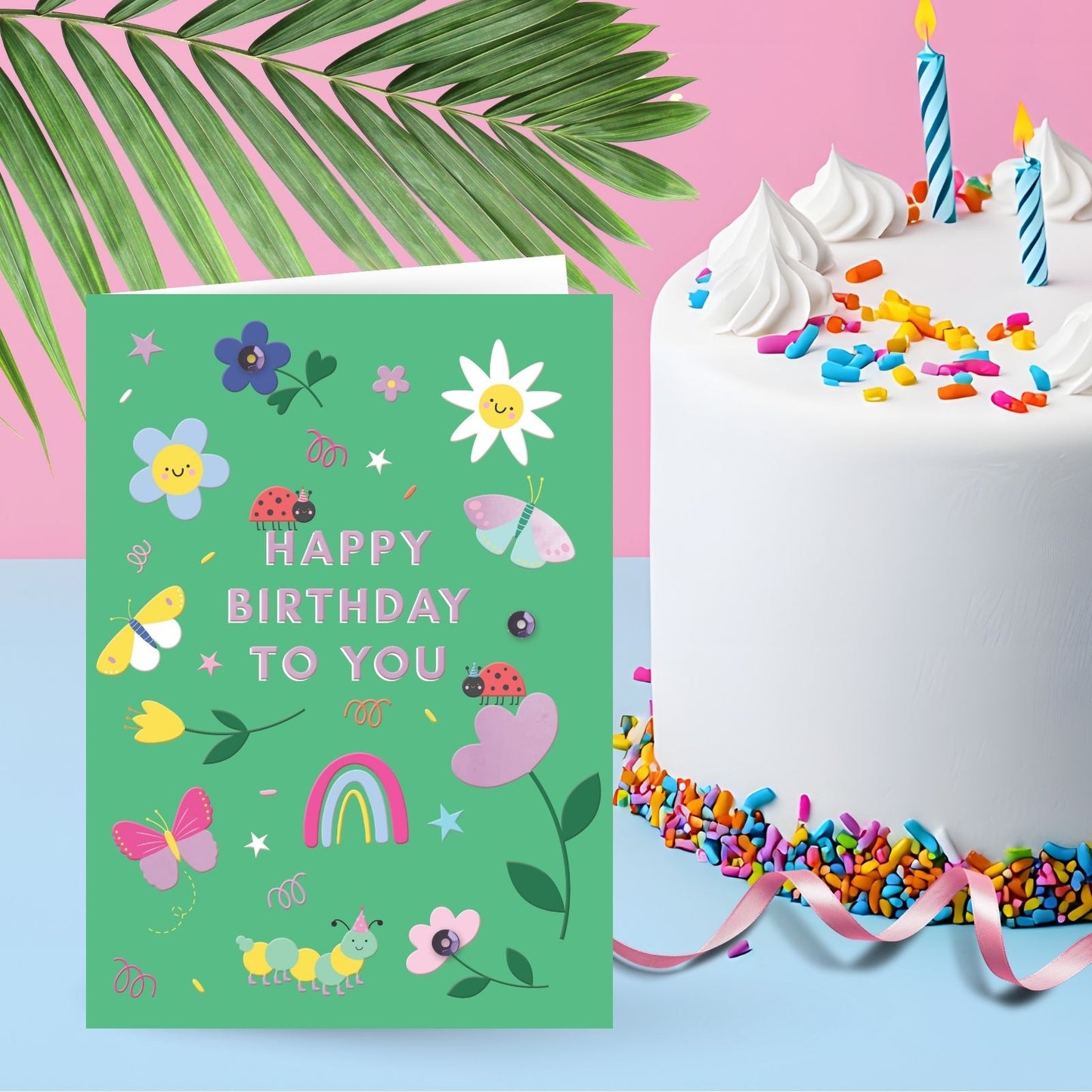 Hand-Finished Happy Birthday To You Greeting Card Flowers Butterflies Ladybird