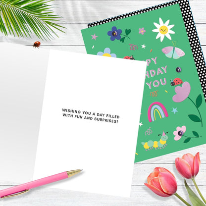Hand-Finished Happy Birthday To You Greeting Card Flowers Butterflies Ladybird