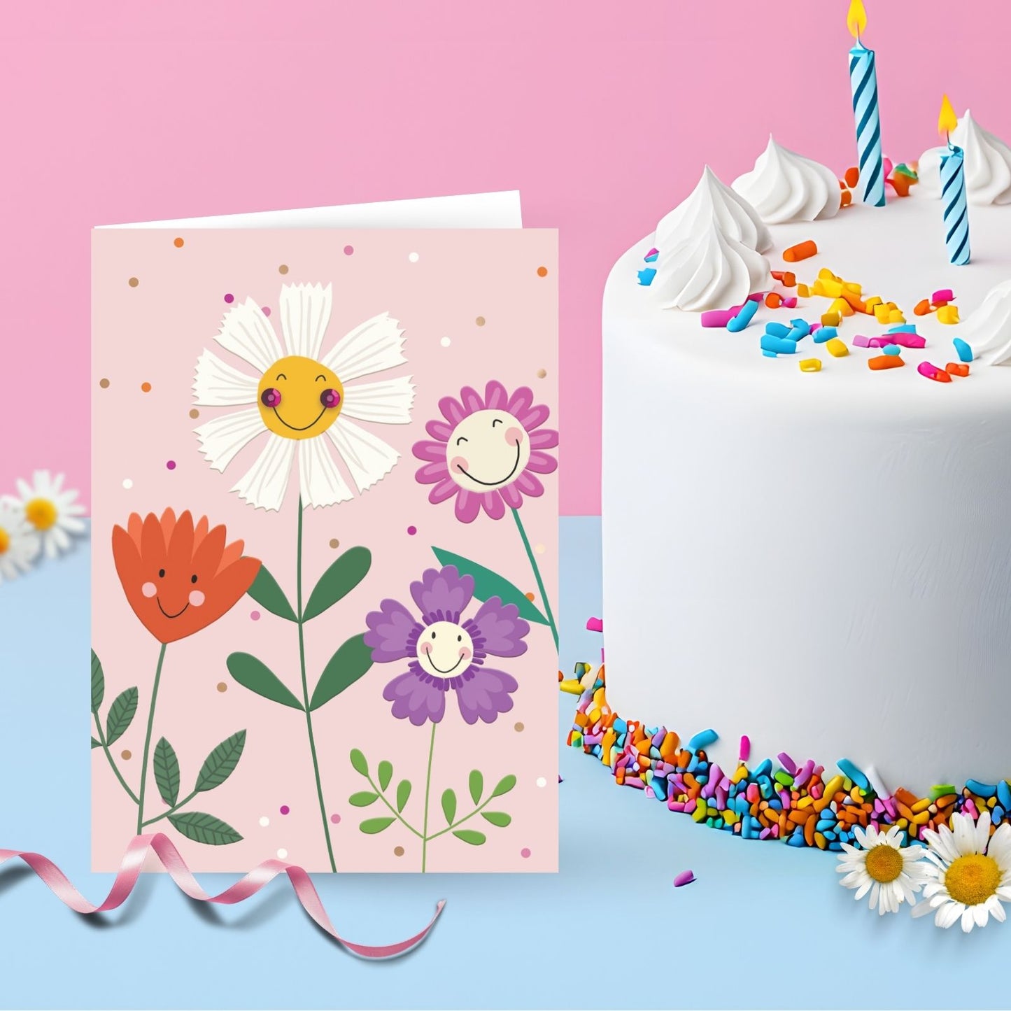 Hand-Finished Blank Any Occasion Greeting Card Happy Smiling Flower Blooms