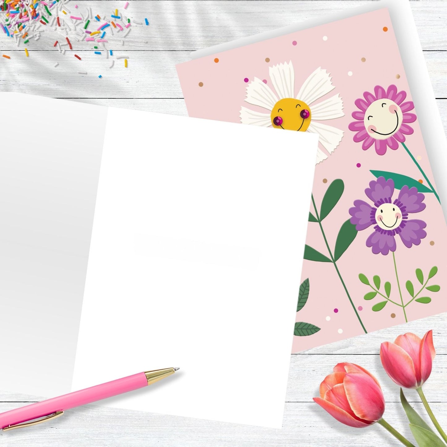 Hand-Finished Blank Any Occasion Greeting Card Happy Smiling Flower Blooms