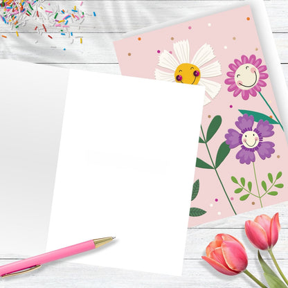 Hand-Finished Blank Any Occasion Greeting Card Happy Smiling Flower Blooms