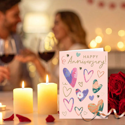 Hand-Finished Happy Anniversary Celebration Greeting Card Colourful Love Hearts