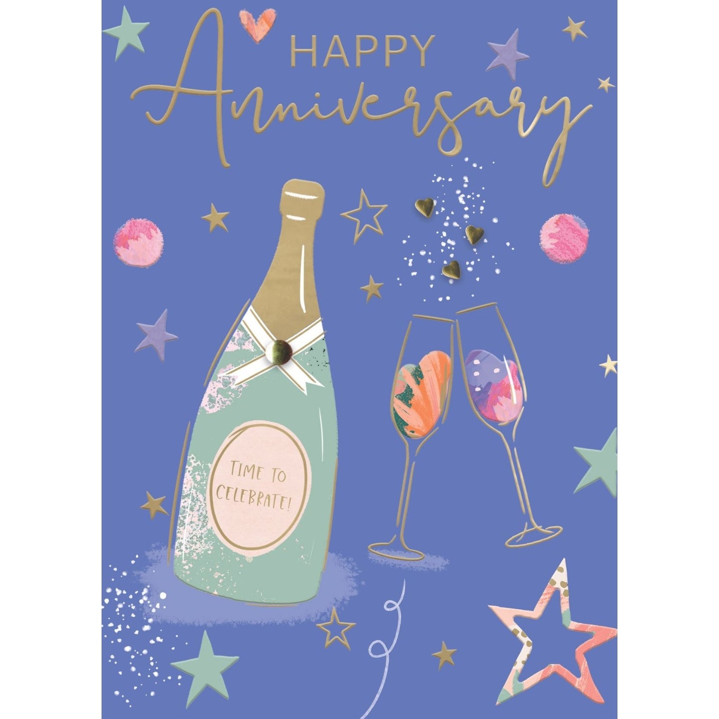 Hand-Finished Anniversary Greeting Card Sparkling Champagne Flutes Embellished