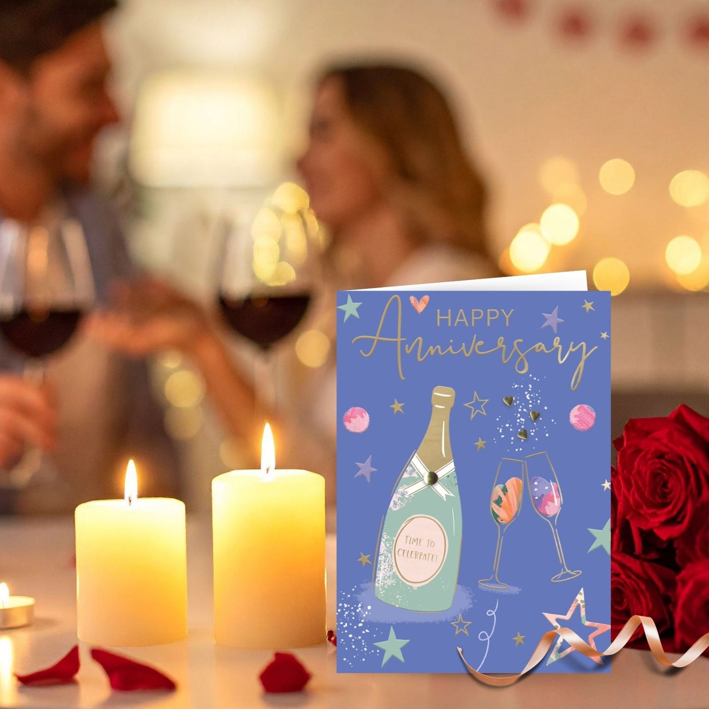 Hand-Finished Anniversary Greeting Card Sparkling Champagne Flutes Embellished