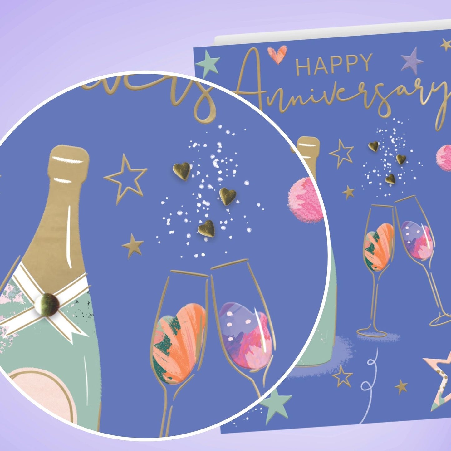 Hand-Finished Anniversary Greeting Card Sparkling Champagne Flutes Embellished