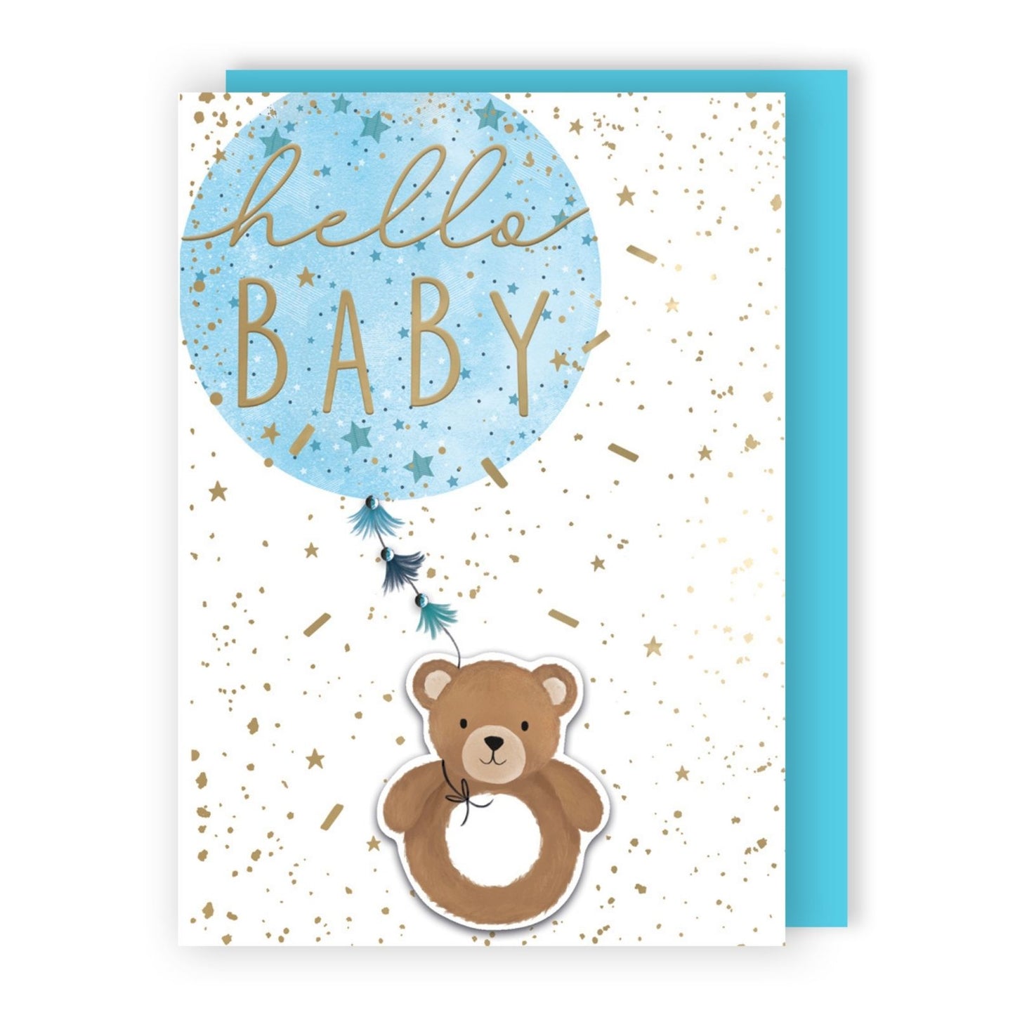 Hand-Finished New Baby Boy Greeting Card Hello Baby Embellished Balloon & Bear