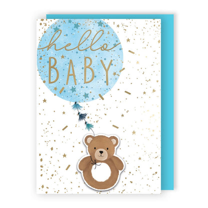 Hand-Finished New Baby Boy Greeting Card Hello Baby Embellished Balloon & Bear