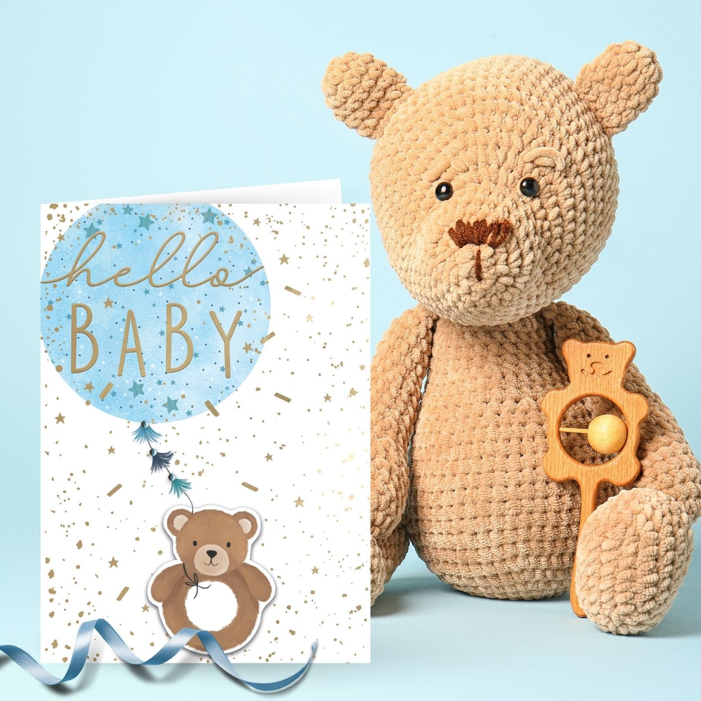 Hand-Finished New Baby Boy Greeting Card Hello Baby Embellished Balloon & Bear