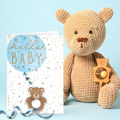 Hand-Finished New Baby Boy Greeting Card Hello Baby Embellished Balloon & Bear