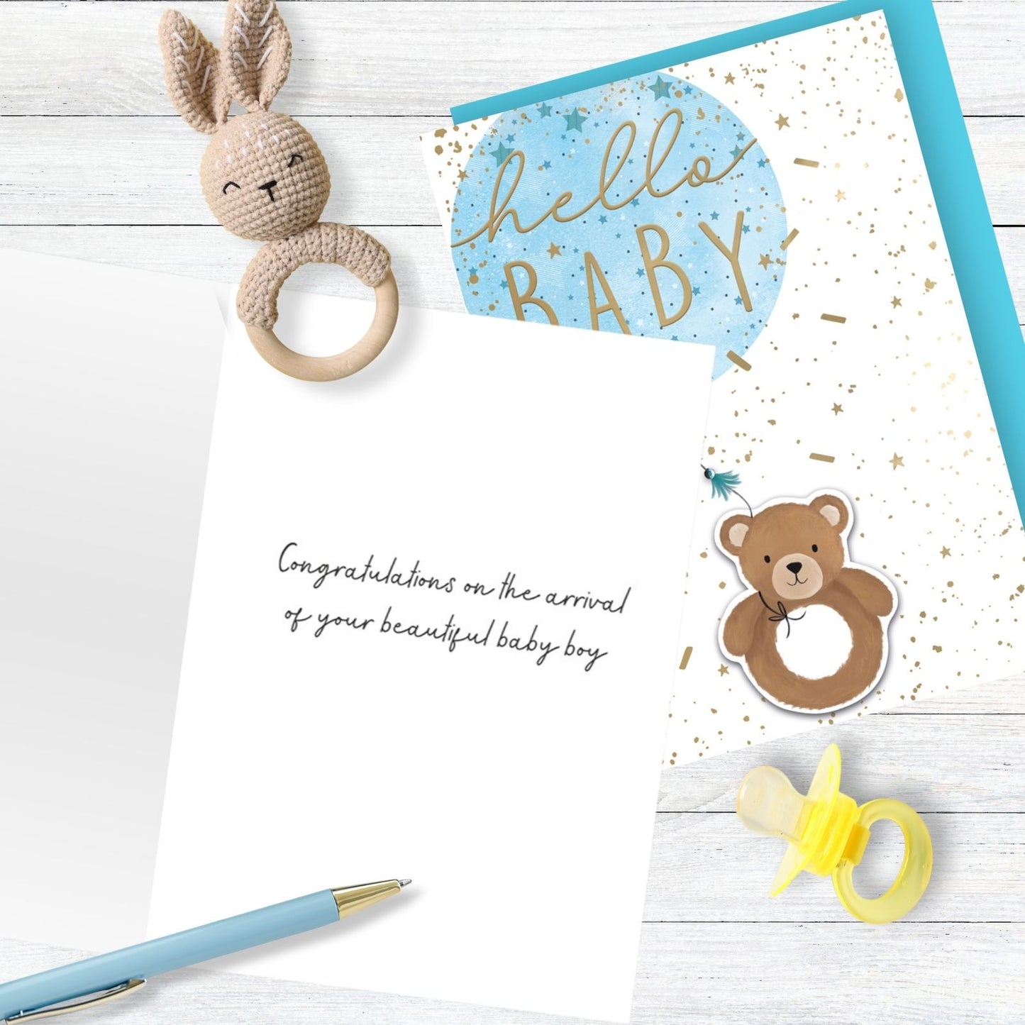 Hand-Finished New Baby Boy Greeting Card Hello Baby Embellished Balloon & Bear