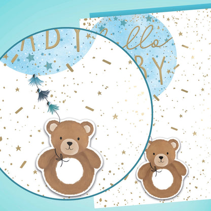Hand-Finished New Baby Boy Greeting Card Hello Baby Embellished Balloon & Bear