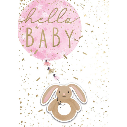 Hand-Finished New Baby Girl Greeting Card Hello Baby Embellished Balloon & Bunny