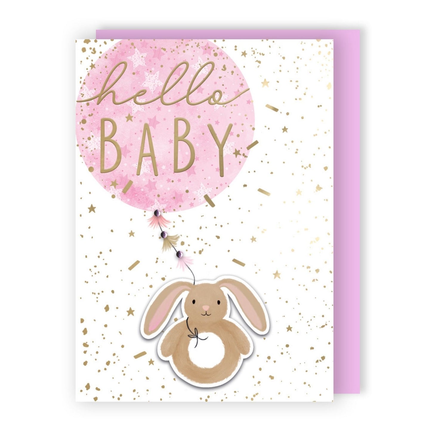 Hand-Finished New Baby Girl Greeting Card Hello Baby Embellished Balloon & Bunny