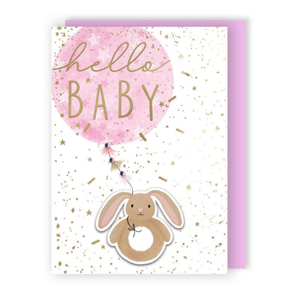 Hand-Finished New Baby Girl Greeting Card Hello Baby Embellished Balloon & Bunny