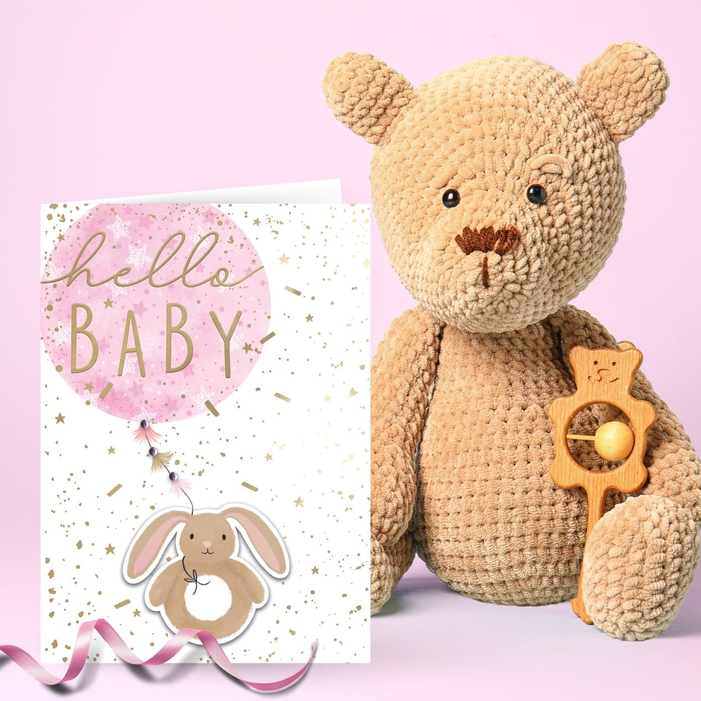 Hand-Finished New Baby Girl Greeting Card Hello Baby Embellished Balloon & Bunny