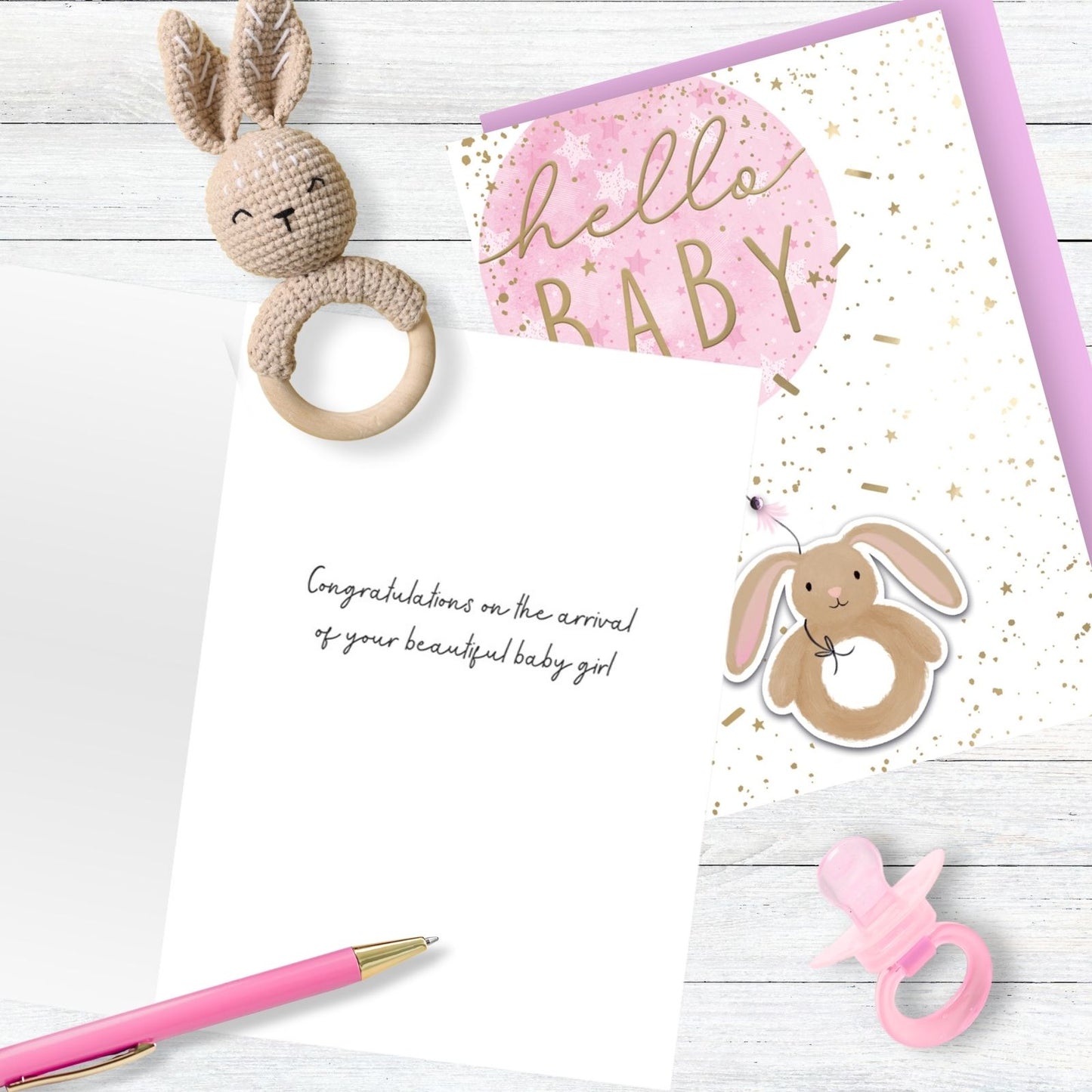 Hand-Finished New Baby Girl Greeting Card Hello Baby Embellished Balloon & Bunny