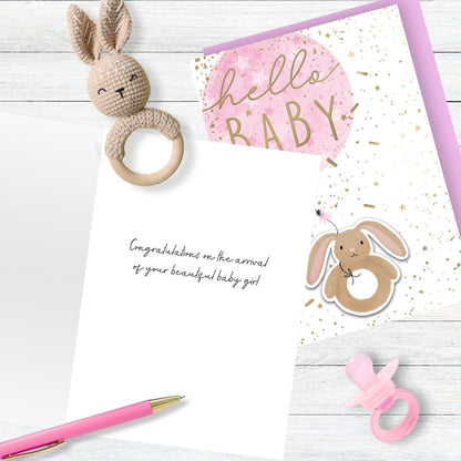Hand-Finished New Baby Girl Greeting Card Hello Baby Embellished Balloon & Bunny