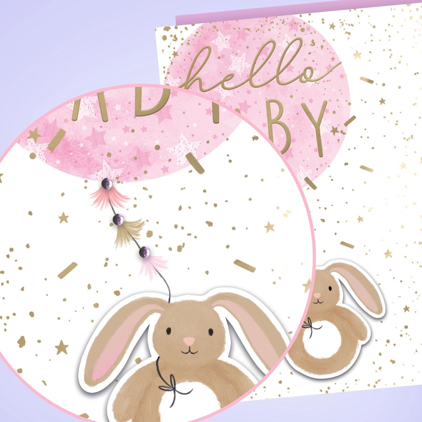 Hand-Finished New Baby Girl Greeting Card Hello Baby Embellished Balloon & Bunny