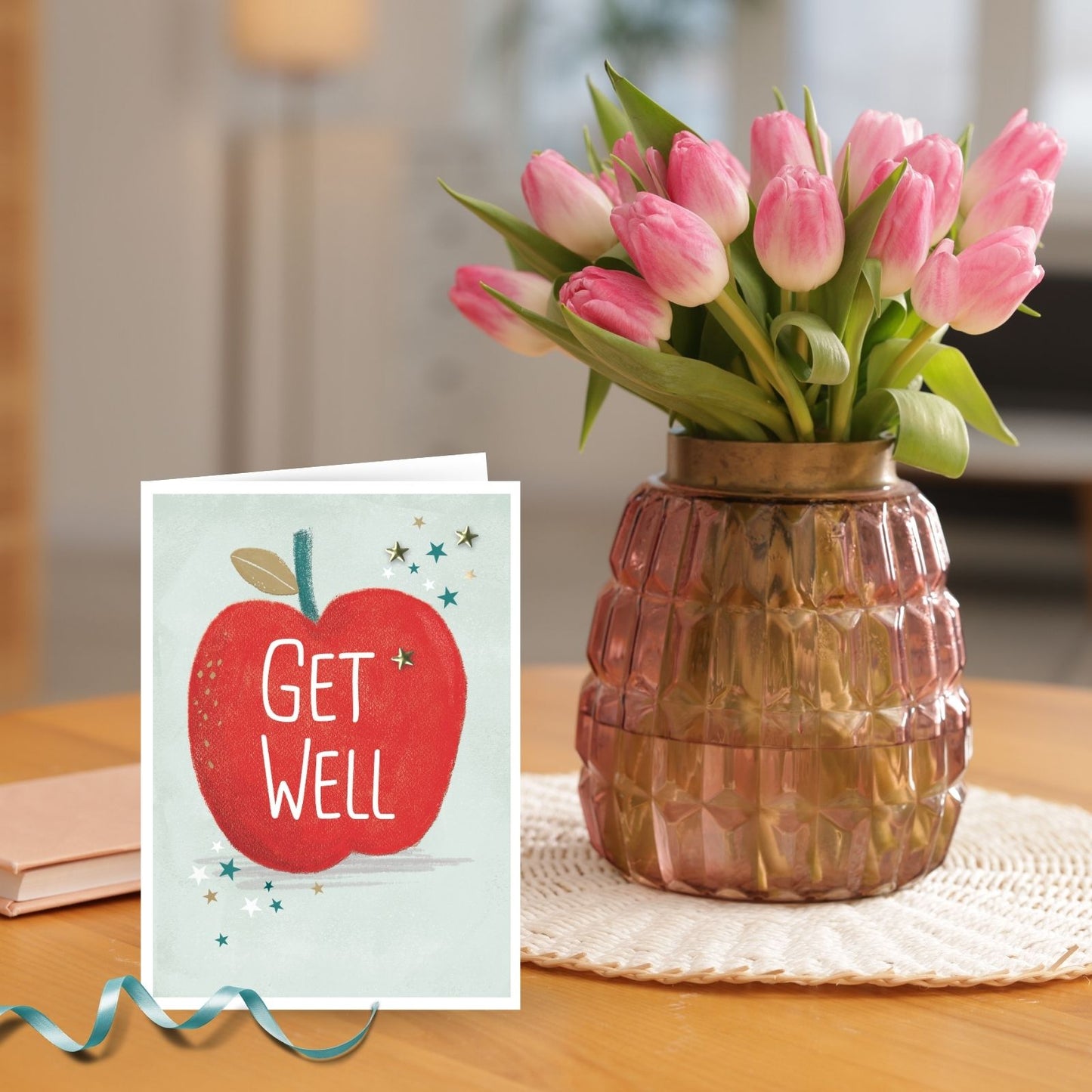 Hand-Finished Get Well Card Cheerful Embellished Red Apple Feel Better Soon