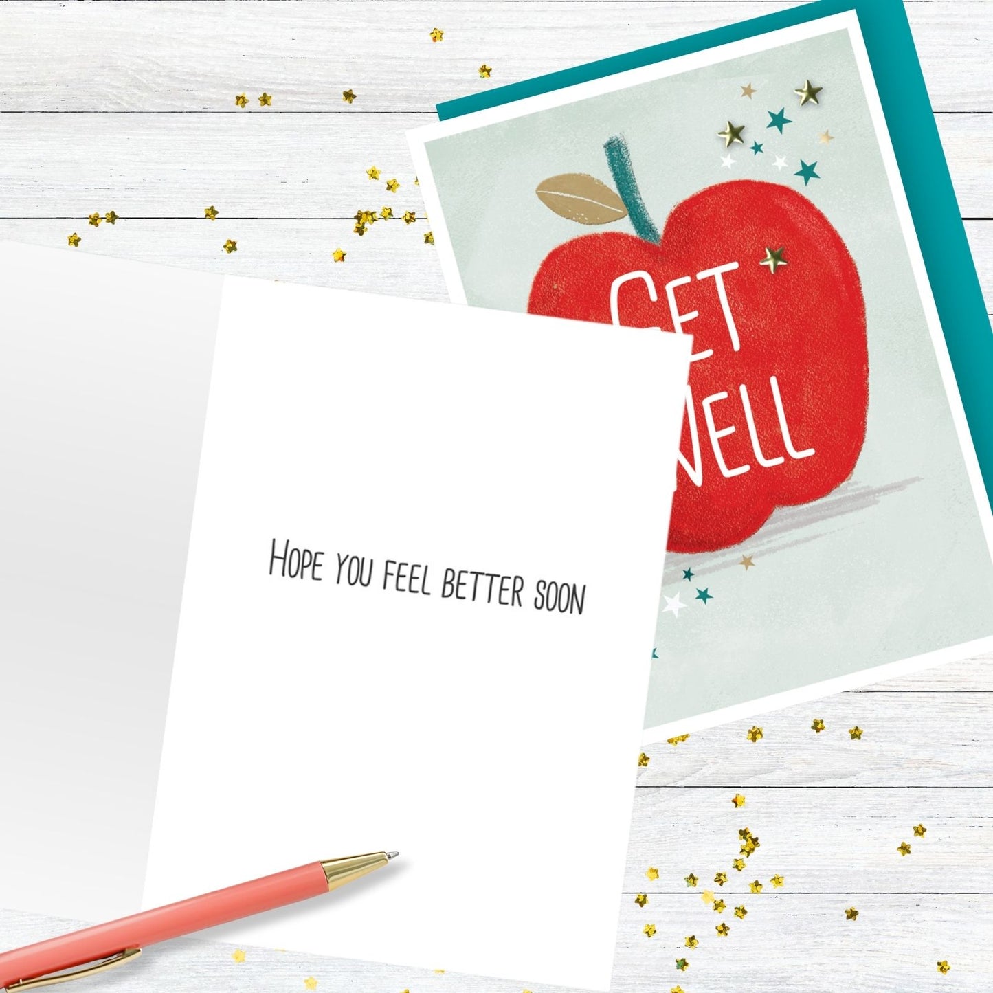 Hand-Finished Get Well Card Cheerful Embellished Red Apple Feel Better Soon