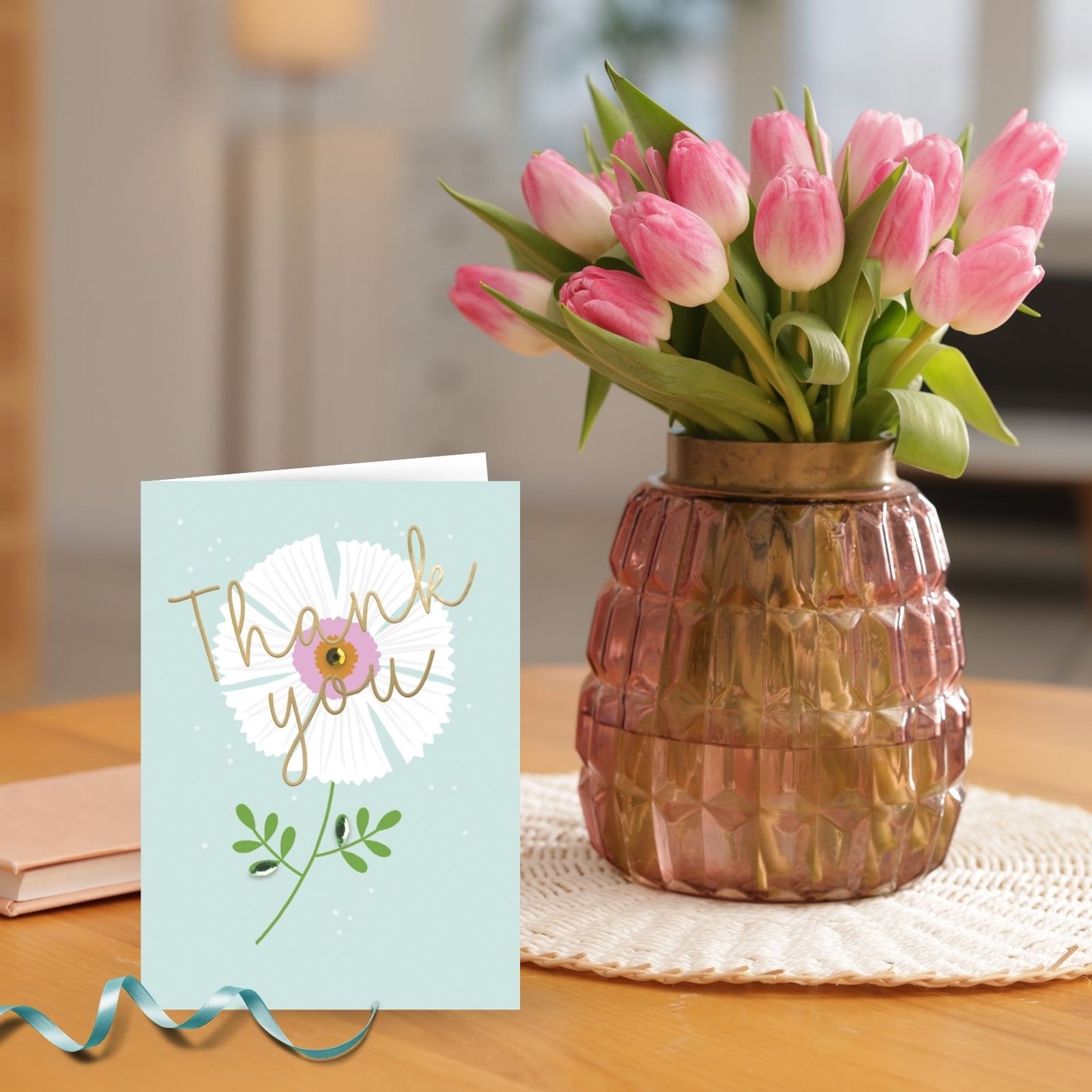 Hand-Finished Thank You Greeting Card Brightly Blooming Floral Simple Thankyou