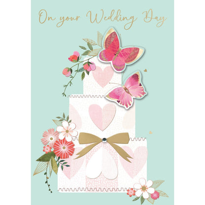 Hand-Finished Wedding Card Embellished Cake & Butterflies On Your Wedding Day