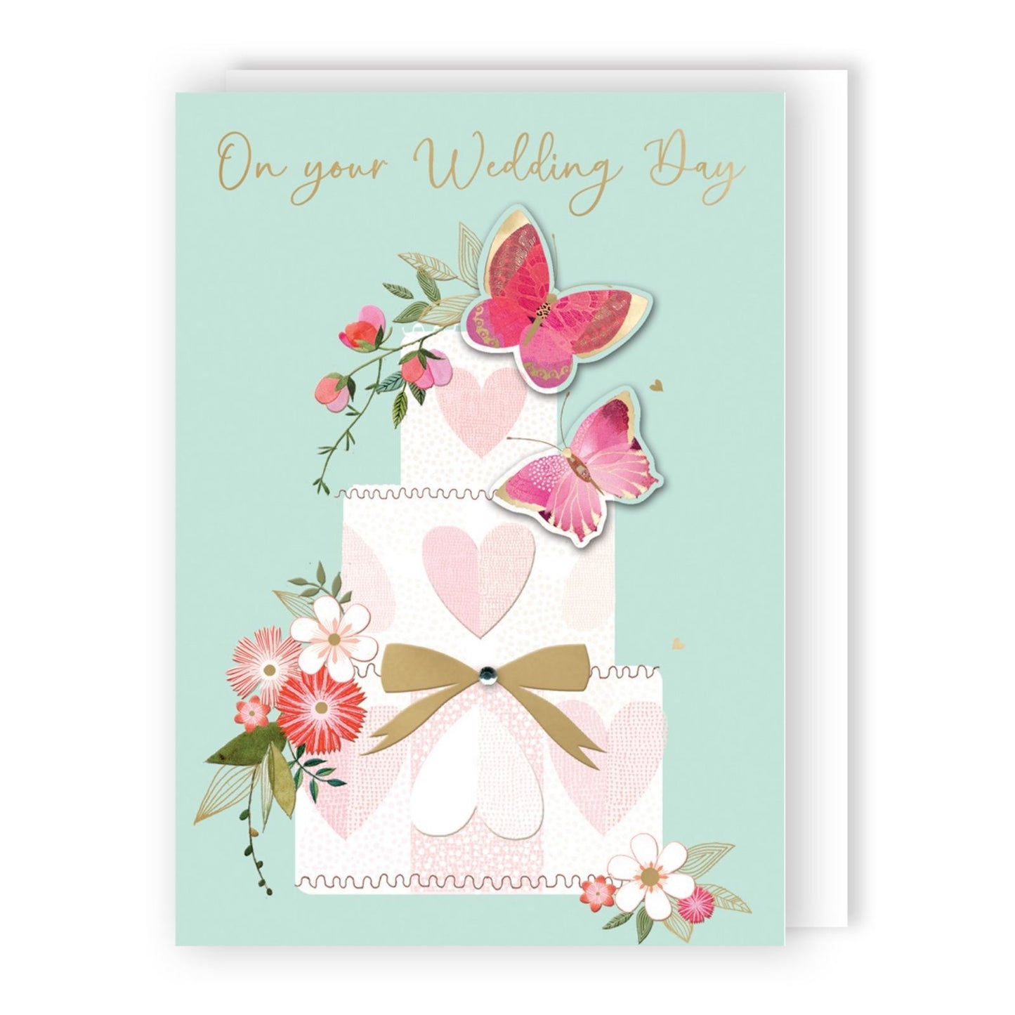 Hand-Finished Wedding Card Embellished Cake & Butterflies On Your Wedding Day
