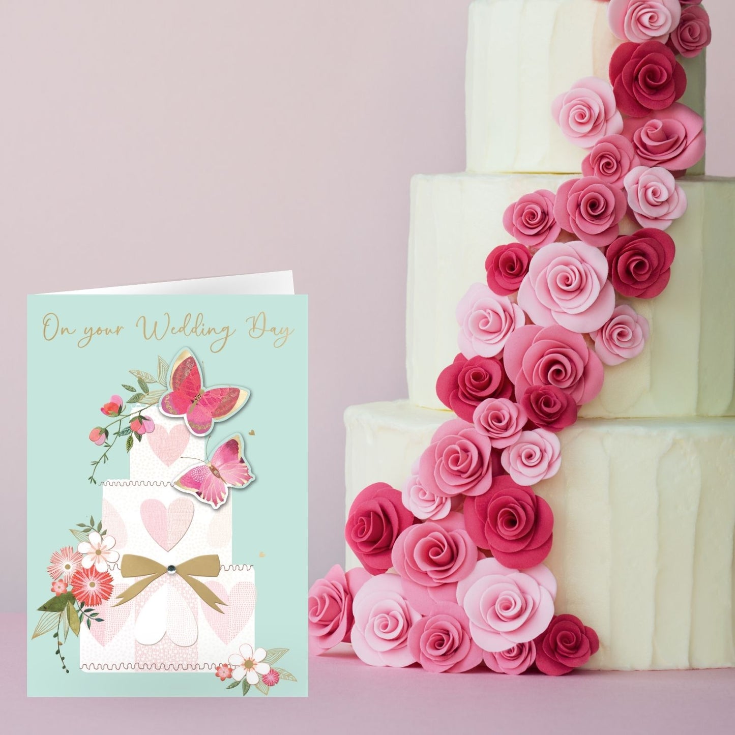 Hand-Finished Wedding Card Embellished Cake & Butterflies On Your Wedding Day