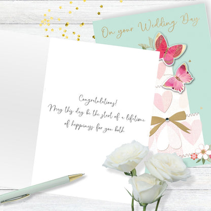 Hand-Finished Wedding Card Embellished Cake & Butterflies On Your Wedding Day
