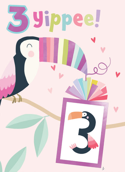 Girls 3rd Birthday 3 Yippee! Fun Kids Tattoo Toucan Childrens Birthday Card