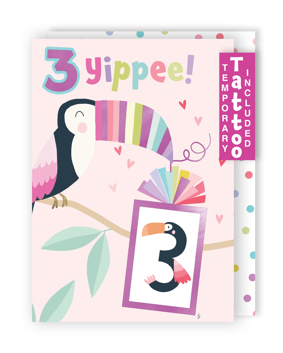 Girls 3rd Birthday 3 Yippee! Fun Kids Tattoo Toucan Childrens Birthday Card