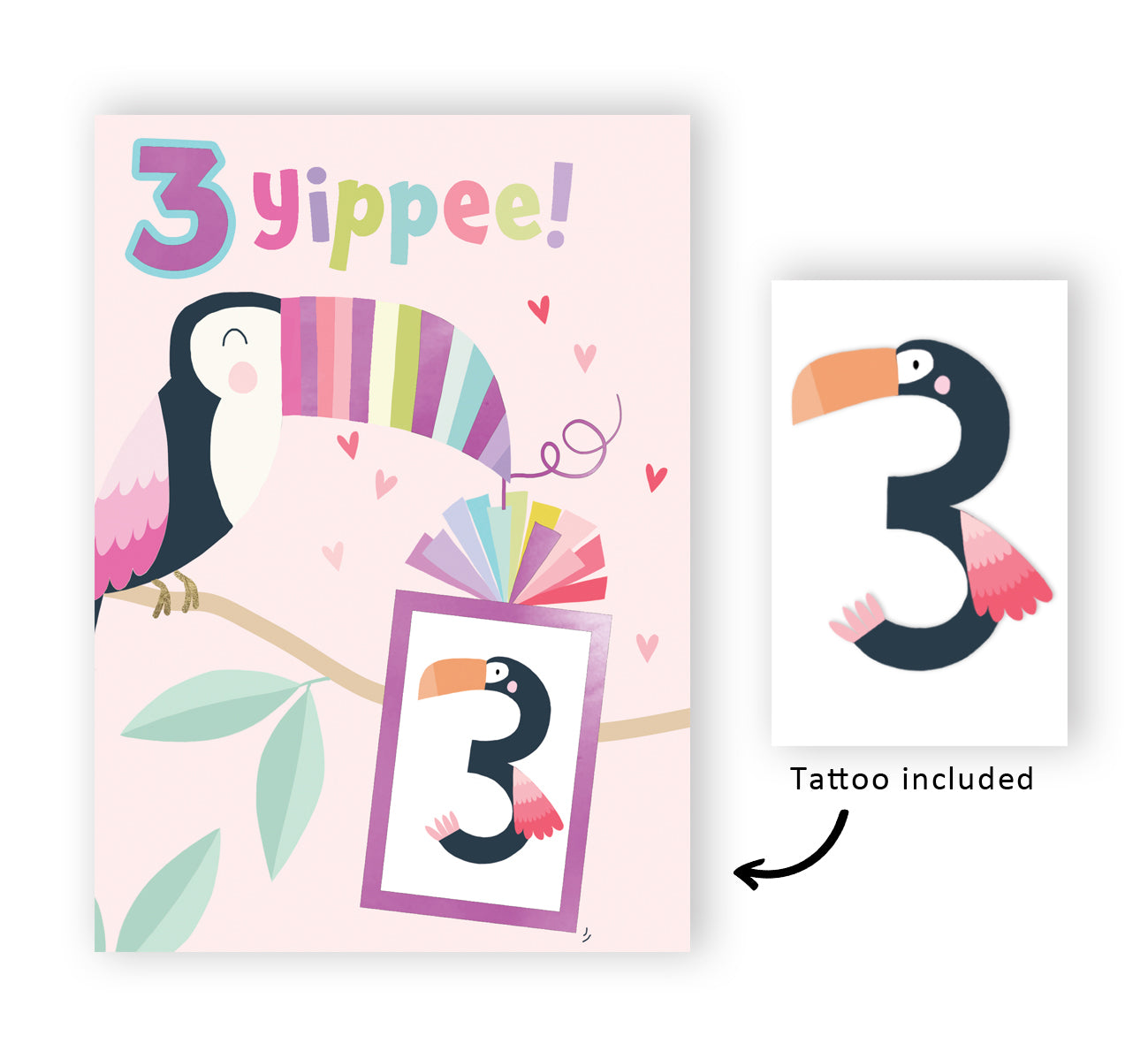 Girls 3rd Birthday 3 Yippee! Fun Kids Tattoo Toucan Childrens Birthday Card