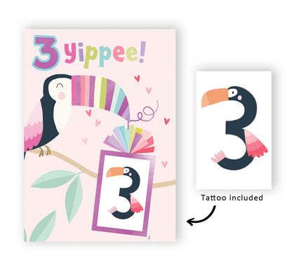 Girls 3rd Birthday 3 Yippee! Fun Kids Tattoo Toucan Childrens Birthday Card