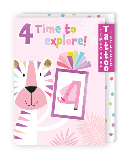 Girls 4th Birthday 4 Explore! Fun Kids Tattoo Elephant Childrens Birthday Card
