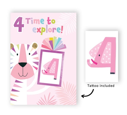 Girls 4th Birthday 4 Explore! Fun Kids Tattoo Elephant Childrens Birthday Card