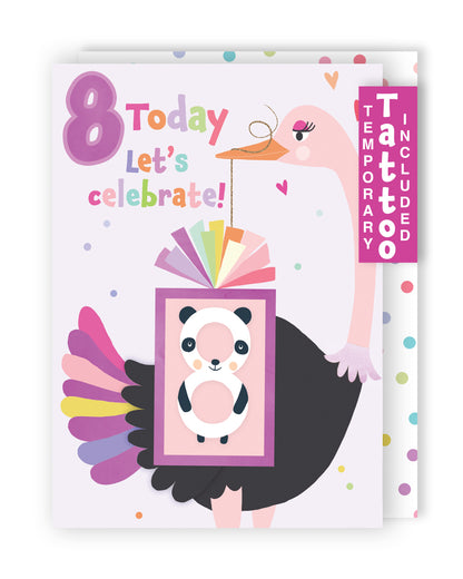 Girls 8th Birthday 8 Today Fun Kids Tattoo Panda Childrens Birthday Card