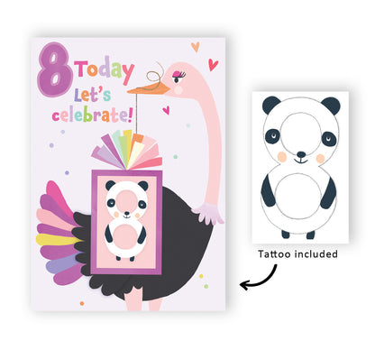 Girls 8th Birthday 8 Today Fun Kids Tattoo Panda Childrens Birthday Card