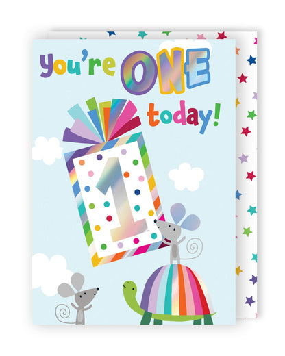 Boys 1st Birthday One Today! 1 Mice Surprise Birthday Contemporary Greeting Card