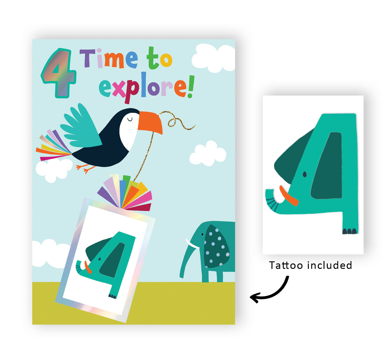 Boys 4th Birthday 4 Explore! Fun Kids Tattoo Elephant Childrens Birthday Card