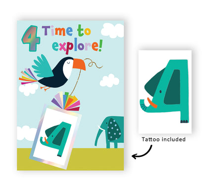 Boys 4th Birthday 4 Explore! Fun Kids Tattoo Elephant Childrens Birthday Card