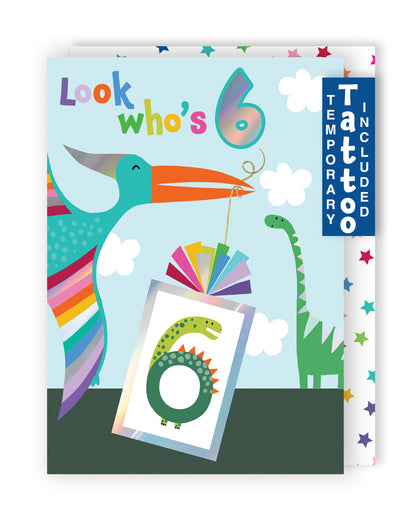Boys 6th Birthday Look Who's 6 Fun Kids Tattoo Dinosaur Childrens Birthday Card