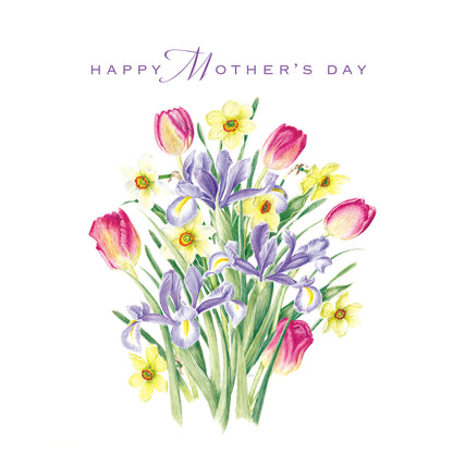 Happy Mother's Day Tulips, Irises & Narcissi Bouquet Illustrated Greeting Card