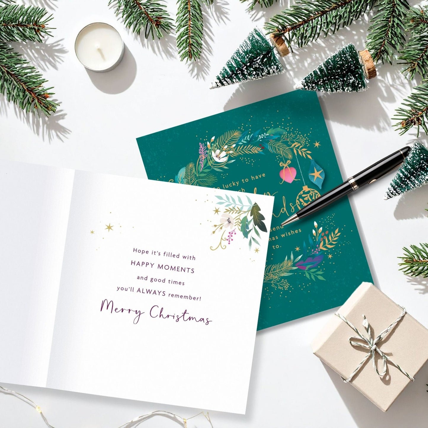 Friends Christmas Card Lucky To Have Such Lovely Friends Wreath Xmas Greetings