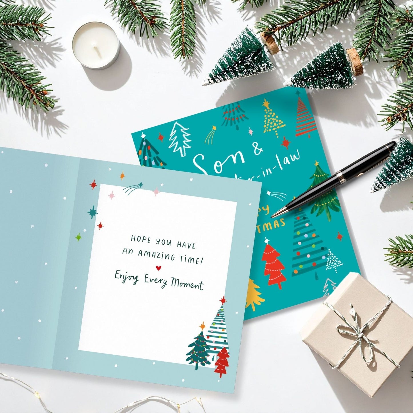 Son & Daughter-In-Law Christmas Card Artistic Festive Trees Xmas Greetings